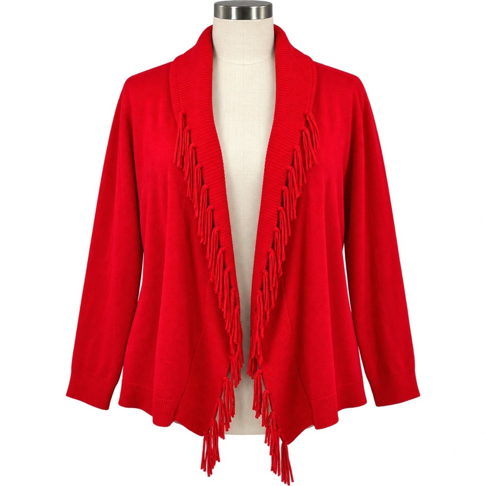 Chicos Womens Sz 2 L/XL Red Fringe Open Front Draped Cardigan Sweater L XL Boho